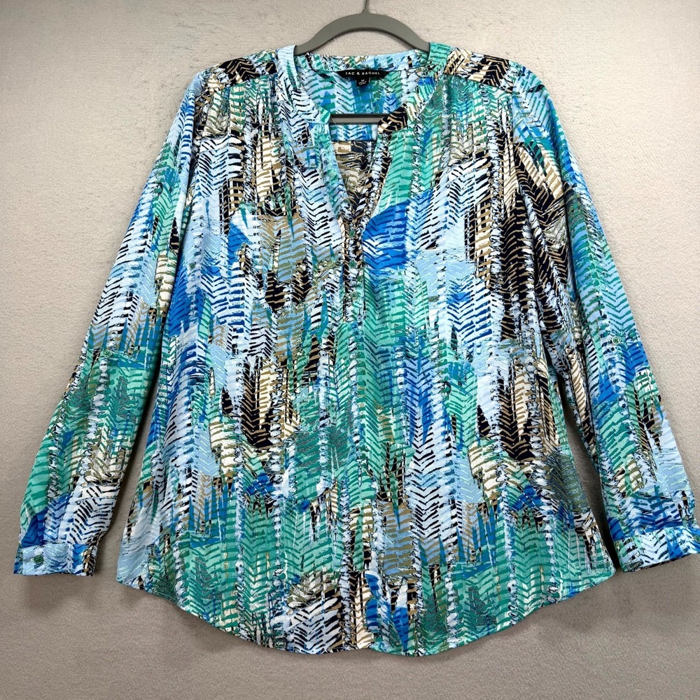 Zac & Rachel Tunic Blouse Top Womens Medium Multi Leaf Print Classic Split Neck